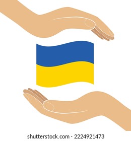 Support for Ukraine. Embrace icon, arms hugging in colors of Ukraine , War in Ukraine, attack from Russia. Papercut, hands hug flag vector logo template. Care, love and charity symbol
