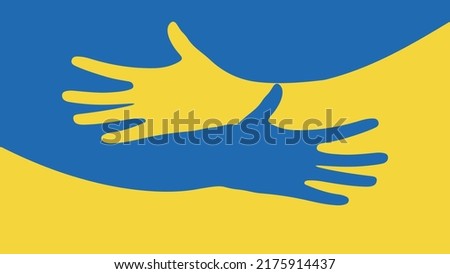 Support for Ukraine. Embrace icon, arms hugging in colors of Ukraine , War in Ukraine, attack from Russia. Papercut, hands hug linear vector logo template. Care, love and charity symbol, hand papercut