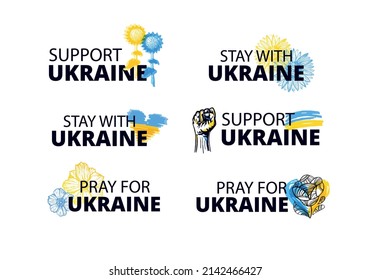 Support Ukraine! Glory of Ukraine! Ukrainian flag with a Pray for Ukraine concept icon set