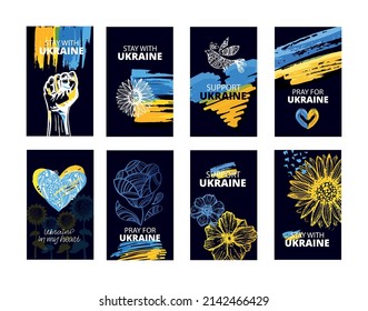 Support Ukraine! Glory of Ukraine! Ukrainian flag with a Pray for Ukraine concept icon set