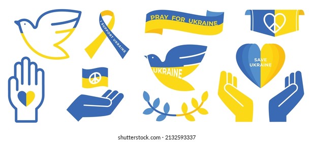 Apoyo el diseño gráfico de Ucrania para detener la guerra, bandera ucraniana con un conjunto de iconos de Rezar por Ucrania. Salven de Rusia pegatinas para los medios. Ilustración del vector