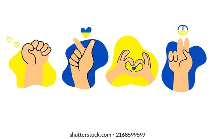 Support Ukraine hand drawn collection set. Stand and fight with Ukraine , mini heart and peace for Ukraine hand sign symbol vector.