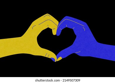 Support Ukraine. Hands heart shape Ukrainian colors, blue yellow flat hands, stop war in Ukraine. Vector illustration