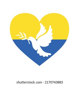 Support Ukraine. Heart shape in Ukrainian flag blue yellow colors with white pigeon on it, dove of peace with olive branch. Russian Ukrainian military conflict symbol sign. Stop war, pray for Ukraine.
