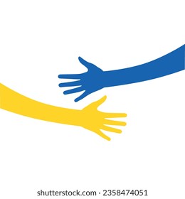 Support Ukraine. Help, save, pray for. Two Hands colors of Ukraine flag. Stop War. Blue and yellow. Vector Illustration