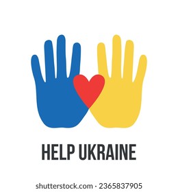 Support Ukraine. Help, save, pray for. Two Hands colors of Ukraine flag. Stop War. Blue and yellow. Vector Illustration