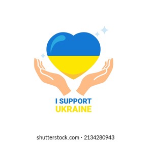I support Ukraine. Human hand under the heart in Ukrainian colors. Care, love and charity symbol for web, banner, flyer, poster to news. Vector illustration.