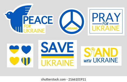 Support Ukraine illustration icon set. Ukraine sticker set. Pray for Ukraine. Peace for Ukraine.