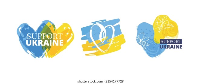 Support Ukraine label. Blue yellow ukrainian flag background.