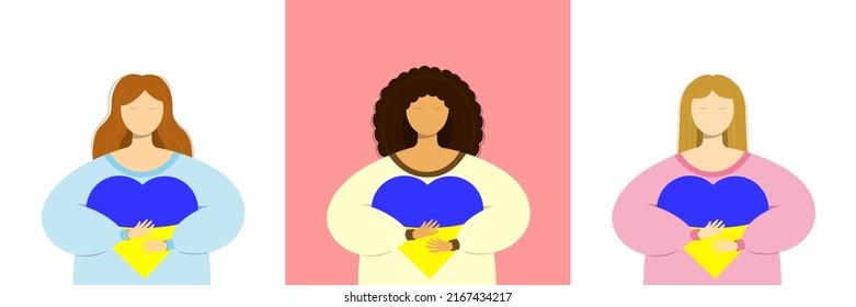 Support for Ukraine. No war. Ukraine in the heart. Support against fighting. The girls hugs a heart with the colors of the flag of Ukraine. Stay with ukraine concept. Stock vector illustration.