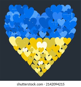 Support for Ukraine. Pattern from hearts in ukrainian flag colors. Blue and yellow conceptual idea - with Ukraine in his heart. Pray For Ukraine peace. Care, love and charity symbol. Vector 
