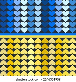 Support for Ukraine. Pattern from hearts in ukrainian flag colors. Blue and yellow conceptual idea - with Ukraine in his heart. Pray For Ukraine peace. Care, love and charity symbol. Vector 