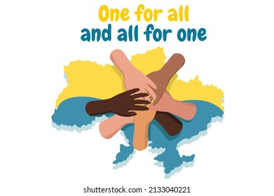 I Support Ukraine poster isolated concept background. People hands hold and protect Ukraine yellow and blue colors map. Stop the war together. Vector illustration in flat cartoon design.