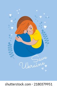 Support Ukraine poster. Woman and sad child in clothes with colors of the Ukrainian flag. Vector illustration, banner, concept in flat style.