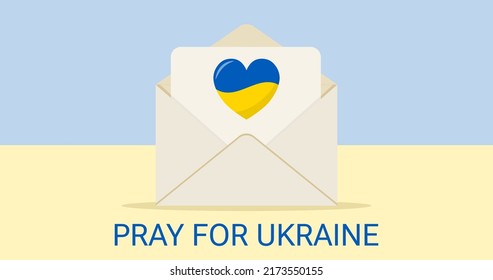 Support Ukraine, pray for Ukraine, envelope with heart, colors of Ukrainian flag. Donating and volunteering concept. Vector illustration 