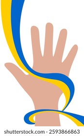 Support Ukraine. Raised hand with blue and yellow ribbon wrapped around it, isolated on transparent background. Stand with Ukraine. Vector illustration symbolizing support and solidarity with Ukraine