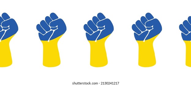 Apoyen a Ucrania sin fisuras en la frontera vectorial con puño de hierro. Fondo extensible horizontal de ilustración dibujada a mano. Guerra de Ucrania y Rusia. Puño humano en los colores nacionales ucranianos amarillo azul