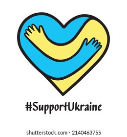 Support Ukraine slogan. Concept save Ukraine from Russia aggression and stop war. Heart and hugging hands with the colors of the Ukrainian flag. Pray For Ukraine icon. Vector stock illustration.