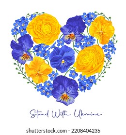 Support Ukraine. Stand with Ukraine. Vector heart. Floral composition, heart-shaped flowers in colors of flag of Ukraine. Realistic hand-drawn Yellow and blue Buttercups Pansies and Forget-me-nots. 