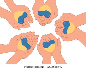 Support Ukraine. Sympathy for Ukrainians. The hands hold the state flag of Ukraine in the form of a heart. No war. Patriotism, Independence Day.