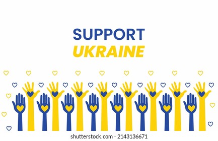 Support Ukraine text with hand and flag theme design. Together with Ukraine. I stand with Ukraine flag concept background, group hands of people with the colors of the Ukraine flag. 