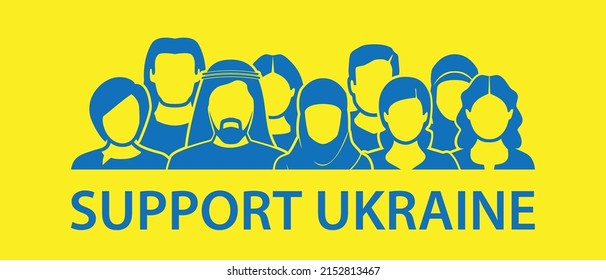 SUPPORT UKRAINE. Together with Ukraine. A simple illustration with people in the form of icons, symbols showing solidarity with Ukraine and asking for help. Yello and blue colors. No war.