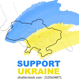 Support Ukraine. Ukrainian flag, open hands supporting country. Praying concept. Save Ukraine from Russia.