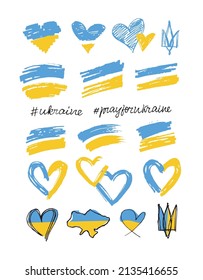 I Support Ukraine, Ukrainian flag with a Pray for Ukraine concept icon set. Save from Russia stickers for media. Vector illustration