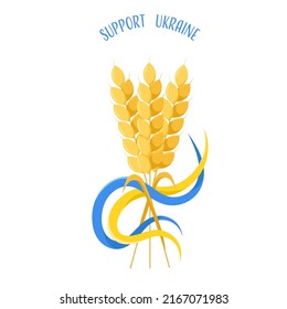 Support Ukraine. Vector Poster With Wheat Bouquet and Blue Yellow Ribbons in Colors of Ukrainian Flag
