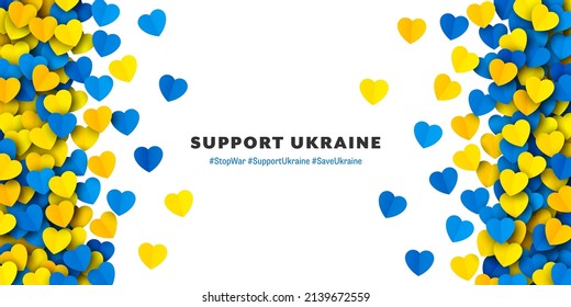 Support Ukraine Vector Yellow Blue Paper Hearts Frame Isolated On White Background. Pray And Stay Solidarity With Ukraine Vector Wallpaper. Ukrainian National Flag Colours Abstract Artwork
