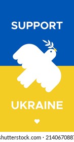 Support Ukraine. White dove flying with olive branch on blue and yellow background. Peace symbol. Vertical format. Vector illustration, flat design
