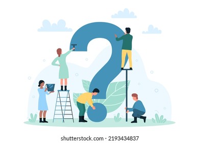 Support for users in technical troubles, work manual and problem solution. Cartoon tiny people paint question mark, characters ask information flat vector illustration. FAQ, helpdesk, advice concept