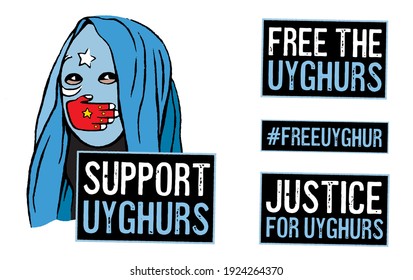 Support Uyghur. Veiled Uyghur woman vector illustration. Signs with messages to claim justice for the Turkic ethnic group discriminated in China.