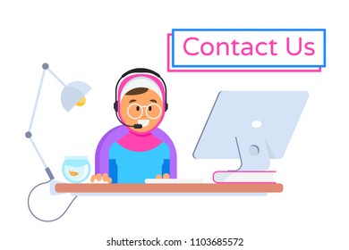 Support vector ad in the  Office With Computer. Attractive Female Arabic