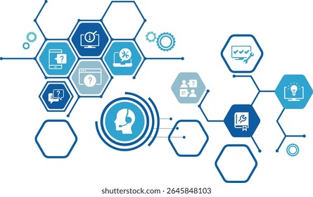 Ilustração vetorial de suporte de TI. Conceito azul com ícones relacionados ao helpdesk de TI, linha direta ou linha de ajuda, suporte técnico remoto ou on-line, assistência técnica, suporte a software especializado.