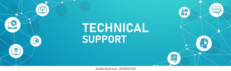 Ilustração vetorial de suporte de TI. Conceito azul com ícones relacionados ao helpdesk de TI, linha direta ou linha de ajuda, suporte técnico remoto ou on-line, assistência técnica, suporte a software especializado.