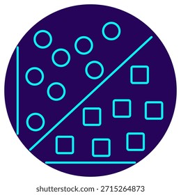 Icono de máquinas de Vector de Asistencia. Borde de neón minimalista sobre un fondo redondo azul oscuro. Una elegante Ilustración vectorial de puntos de datos (circunferencias y cuadrados) separados por un límite de decisión diagonal claro, que simboliza la clasificación, la partición del espacio de características y el aprendizaje automático supervisado