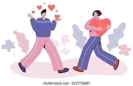 Support, volunteering, charity concept. Volunteers with donations. Philanthropy, kindness and charity. Man and woman holding heart symbols and extending a helping hand