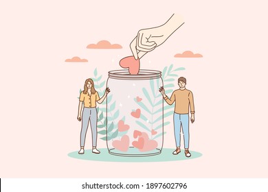 Support, volunteering, charity concept. Young smiling man and woman cartoon characters standing with donation jar collecting heart symbols with giving hand for charity helping campaign