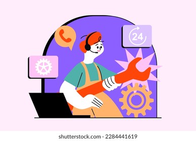 Support waist high concept with people scene in the flat cartoon design. Support center employee tries to help customers over the phone. Vector illustration.