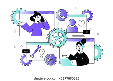 Support waist-height concept with people scene in the flat cartoon design. Employees of support center answer the clients question. Vector illustration.