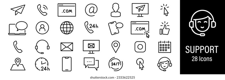 Compatibilidad con iconos Web. Contáctenos, Chat, Comentarios, Cliente, Mensaje, Teléfono. Vector en iconos de estilo de línea