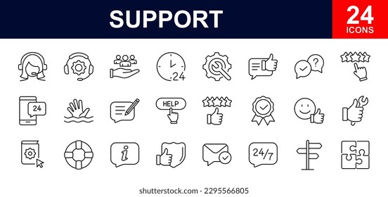 Support web icons set. Support - simple thin line icons collection. Containing helpdesk, online help, quick response, online service, call center, feedback and more. Simple web icons set