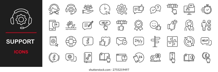 Support web icons set. Support - simple thin line icons collection. Containing helpdesk, online help, quick response, online service, call center, feedback and more. Simple web icons set