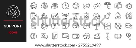 Support web icons set. Support - simple thin line icons collection. Containing helpdesk, online help, quick response, online service, call center, feedback and more. Simple web icons set