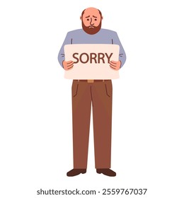 Support websites. Bald man holding a sorry sign.Man seeking forgiveness.Man saying sorry. Please forgive me.National Sorry Day.Apologize card.