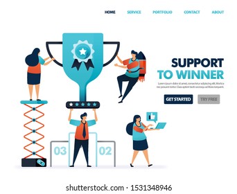 Support to winner to get award and prize. Trophy and certificate for result of teamwork. Help to achieve goal and achievement. Top best ranking get cup. Illustration for website, mobile apps, poster