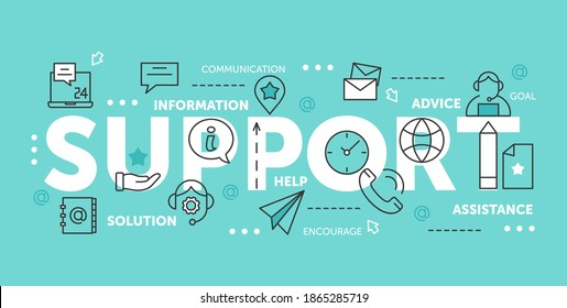 Compatibilidad con conjunto de ilustraciones vectoriales de palabras. Diseño web abstracto de línea delgada para la ayuda técnica en línea del centro de llamadas y asistencia para problemas tecnológicos, banners de sitios web móviles