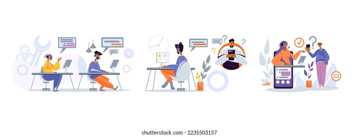 Support workers on their workplaces help clients solve problems online. Characters work in support service concept. Vector illustration in flat style