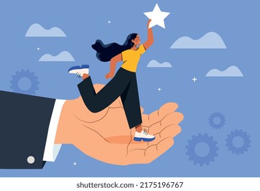 Support for workers. Woman grabs star, standing on big hand. Boss creates comfortable conditions for subordinates, businessman increases work efficiency in office. Cartoon flat vector illustration